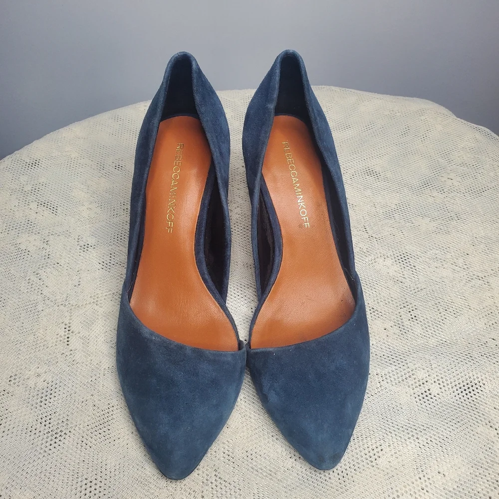 Rebecca Minkoff Brie D'orsay Blue Suede Heels pumps point toe size 6‎